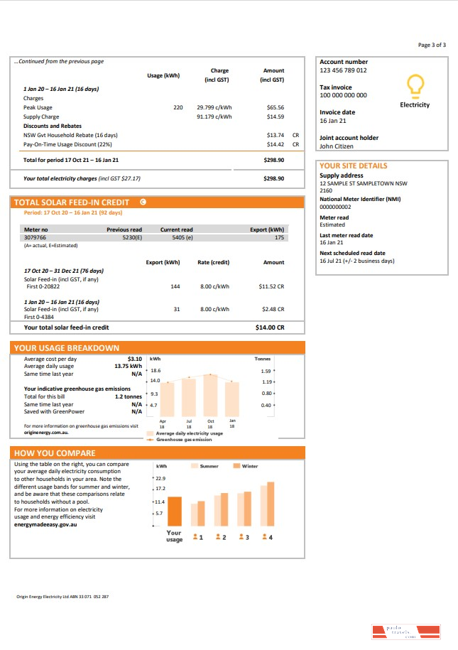 Australia New South Wales (NSW) Origin electricity utility bill template in Word and PDF format 3